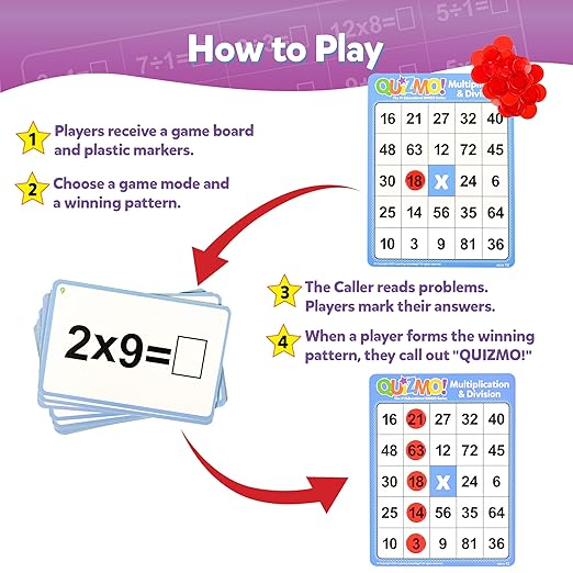 QUIZMO Multiplication & Division - Bingo Style Math Game - 2 Game Modes for Ages 8+ - Teach Basic Mathematics