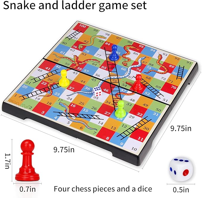 KIDAMI Magnetic Snakes and Ladders Game Set with Storage Box, Folding Design and Light-Weight, Gift for Kids and Adults.