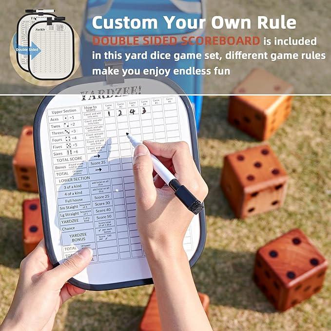 Giant Wooden Yard Dice Set - Large Lawn yatzee Game with Scoreboard - Outdoor Beach Backyard Games for Teens Adults Family (Including Carry Bag)