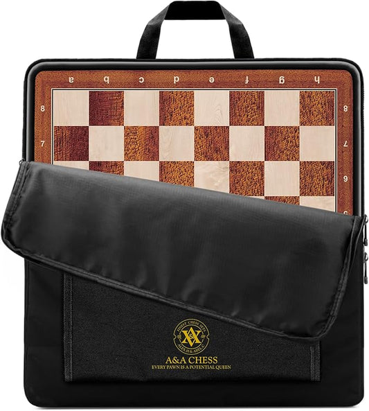 A&A 17.25" Professional Wooden Chess Board with Storage Bag/Mahogany & Maple Inlaid / 1.75" Squares w/Notation