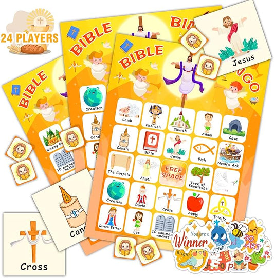24 Players Bible Bingo Cards, Christian Bingo Game for Kids with Punny Stickers Jesus Religious Christian Game for Church Sunday Family Activities