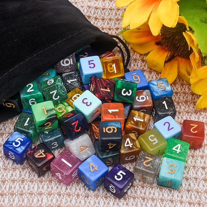 AUSTOR 70 Pieces 6 Sided Dice Mixed Color Polyhedral Dice Set 6 Sides Dices Assortment with a Black Velvet Storage Bag for DND RPG MTG Table Games