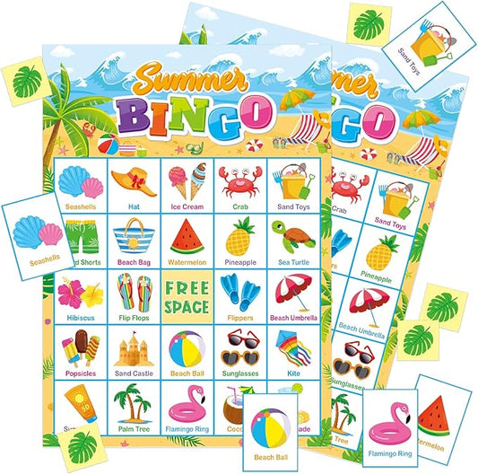 24 Players Summer Bingo Game Cards for Kids Summer Party Games for Hawaiian Tropical Beach Luau Party Favors School Party Games