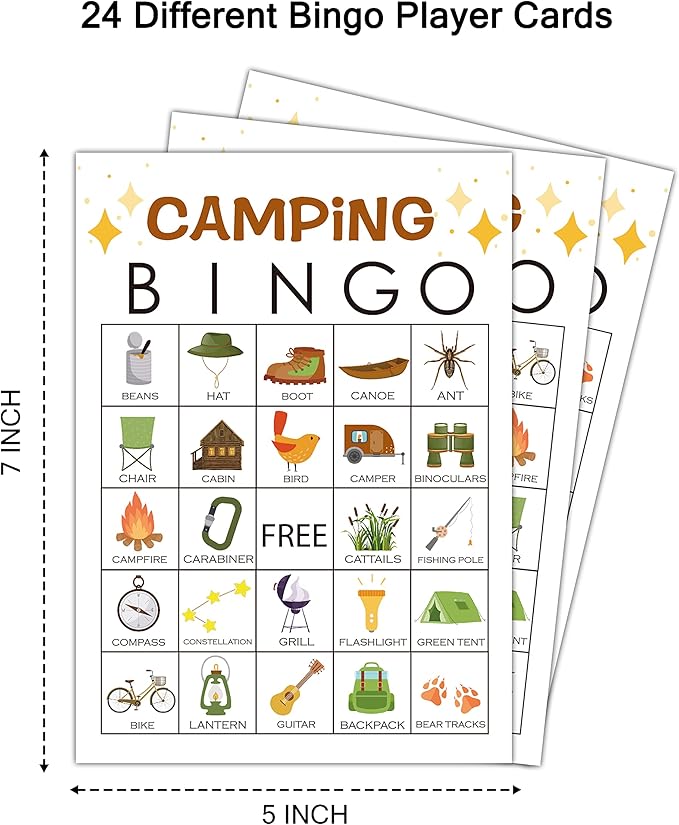 5"x7" Camping Bingo Game Cards (24 Kinds), Campground Activity for Family, Outdoor Indoor, Hiking, Road Trip Activities, Camp Birthday Theme, Campfire Bingo