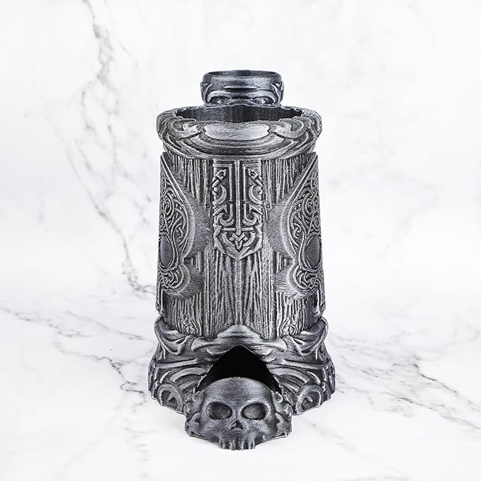 AUSPDICE Hand-Painted Skull Dice Tower – DND Dice Rolling Tower, RPG Dice Storage, Gothic Dice Cup, Pen Holder, Drink Stand – Perfect for Dungeons & Dragons Tabletop Games (RF286B Skull Cup Silver)