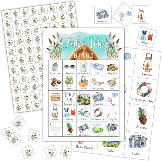 Lake Trip Bingo Games - 24 Player Cards, Family & Friends Camping Party Activities, Vacation Gifts for Adults & Teens