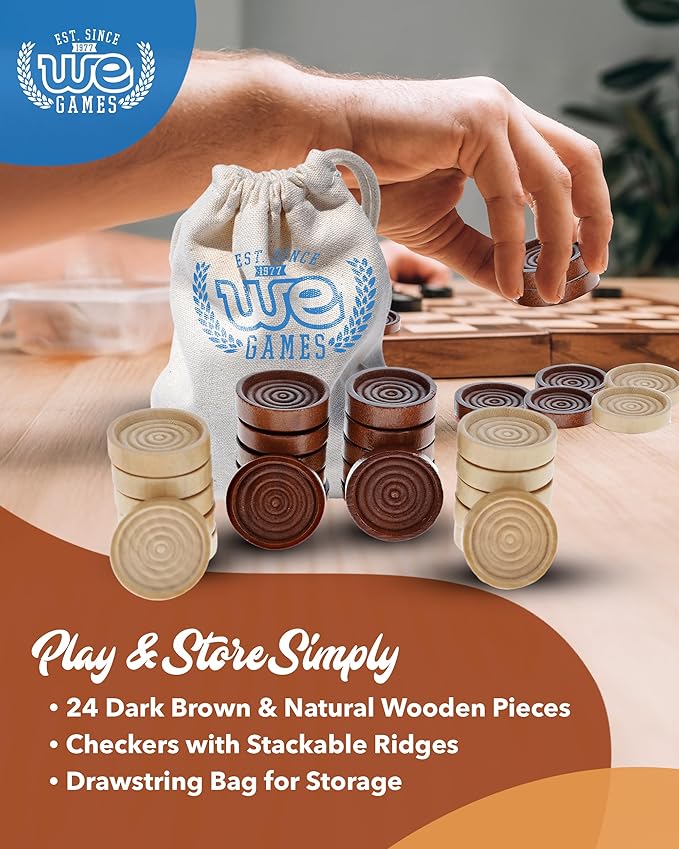 WE Games Wooden Checkers Pieces Only (1.5 inch), Checker Board Game & Backgammon Pieces, 24 Brown and Natural Stained Stackable Ridges with a Drawstring Storage Bag, Replacement Game Piece