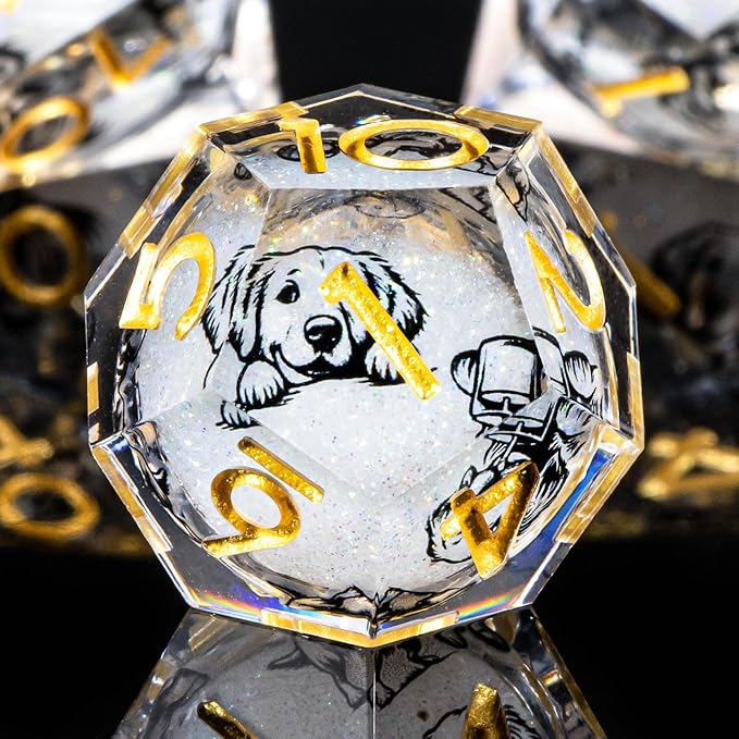 KERWELLSI Dog Liquid Core DND Dice Set with Gift Box, 7 Pcs Resin Sharp Edged Dice, Role Playing Dice D20 D12 D10 D8 D6 D4, White and Gold