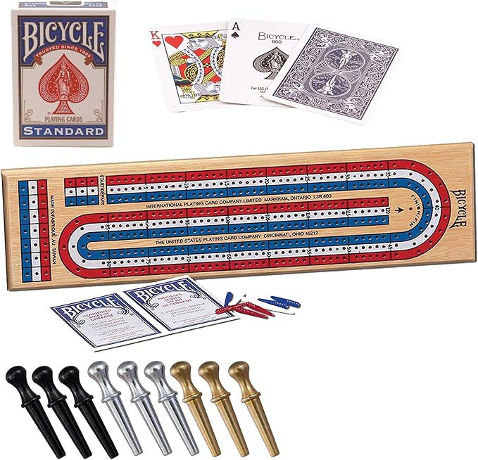 Cribbage Board by Bicycle 3-Track Colour Coded Real Pine Wood Cribbage Game with Deck of Bicycle Cards and Premium Metal Cribbage Pegs