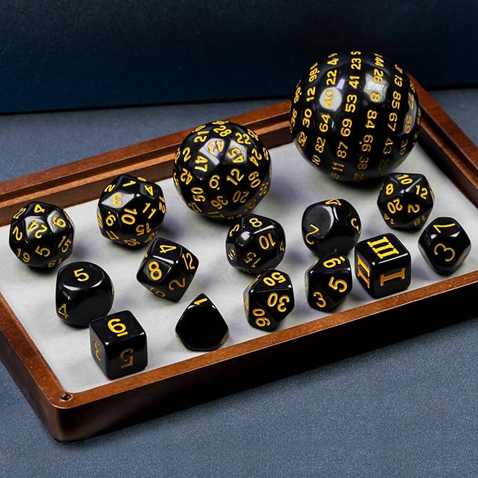 15 Pieces Complete Polyhedral DND Dice Set D3-D100 Spherical D&D Dice Set with Dragon Eye Dice Bag, D100 Dice for Dungeons and Dragons, RPG, MTG Table Games(Black w/Yellow Numbers)