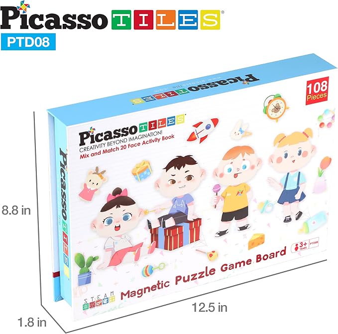 PicassoTiles 108pcs Reusable Magnetic Face Sticker Puzzle Book Drawing Board Set for Kids,Educational and Learning Activity Books, Toys & Activity, STEM Learning Toys, Early Education Toys,Gifts Boys