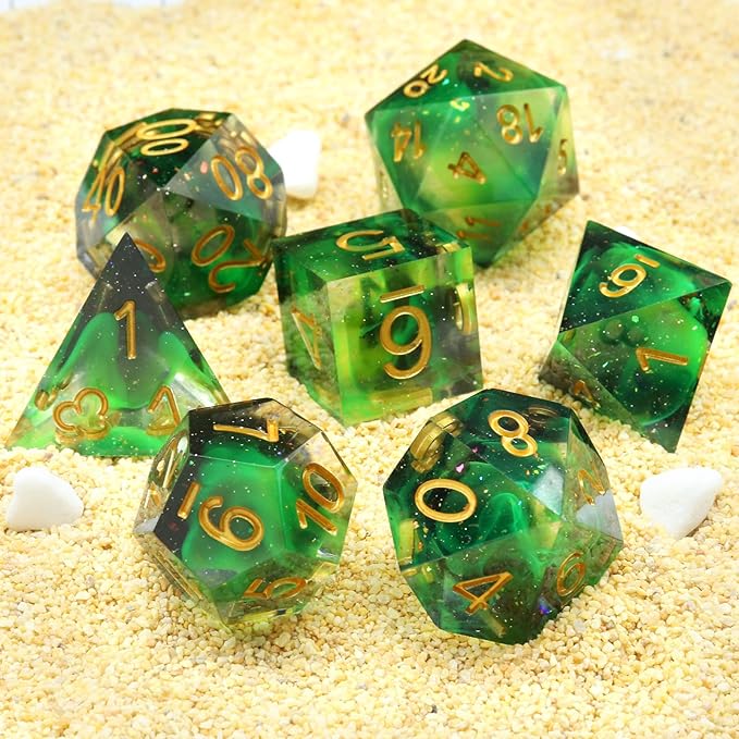 Haxtec Glitter DND Dice Set Sharp Edge Dice with Dice Case Handmade Green Resin D&D Dice Set for TTRPGs Dungeons and Dragons Gifts