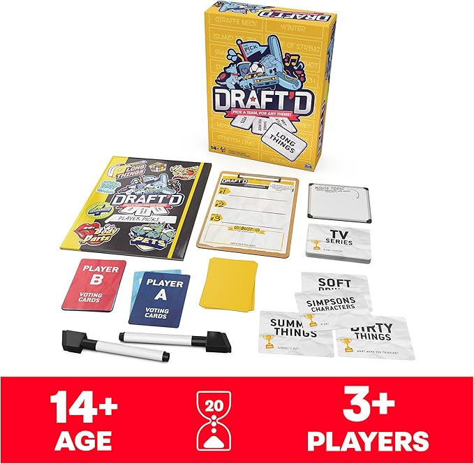 Spin Master Games, Draft’d, Competitive Drafting Party Game with Hilarious Prompts for College Nights, Football Watch Parties, Happy Hour Activity, for Teens & Adults, 3-5 Players, for Ages 14 & Up