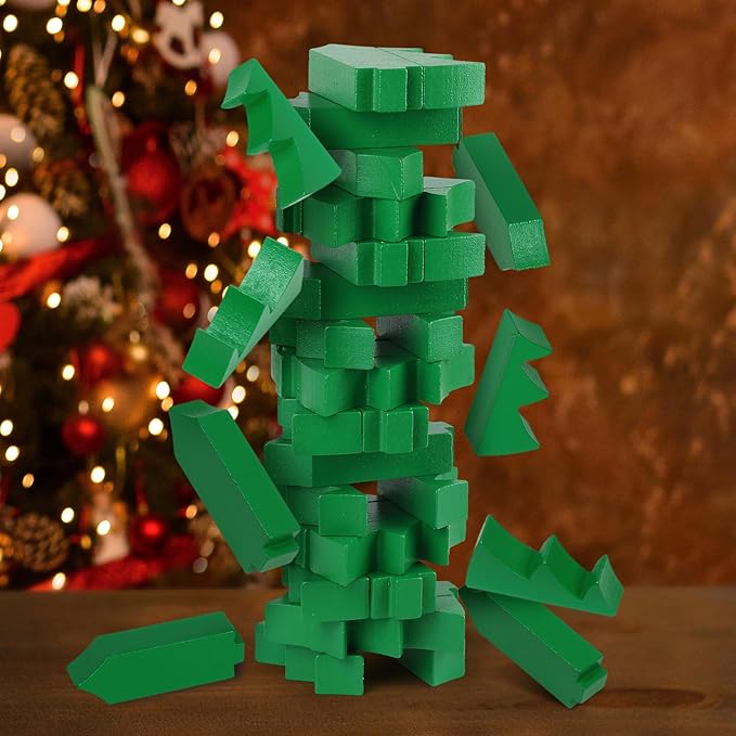 Funwares Wooden Blocks Stacking Game, Tumbling Tower and Balance Game, Family & Party Fun, Game for Kids and Adults, Ages 6+, Santa’s Christmas Tree Stack-Up, Christmas Tree Wood Blocks Stacking Game