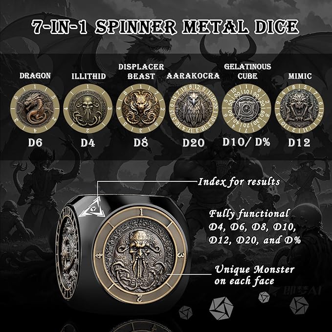 Haxtec Spinner Dice 7-in-1 Metal DND Dice Set Unique Dice Spinner Goblins Metal D&D Die for Dungeons and Dragons DND Gifts