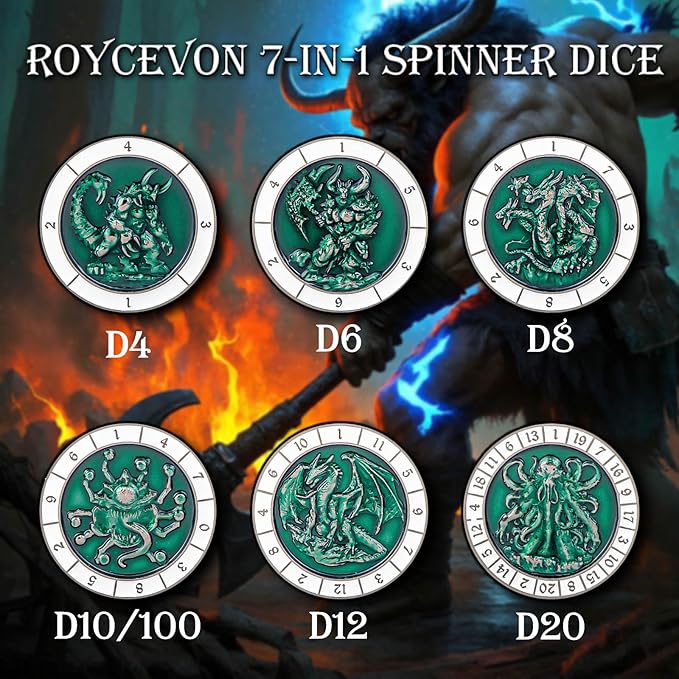 7 in 1 Spinner DND Dice Set, Metal D and D Dragon Dice with Gift Box, Role Playing Dice, Black Green