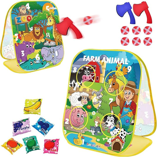 3-in-1 Farm Animals Bean Bags Toss Axes Throwing Sticky Balls Game for Kids 2 3 4 5 Years Old Toddlers Indoor Outdoor Sports Toys Gifts for Boys Birthday Valentines Easter Christmas Stocking Stuffer