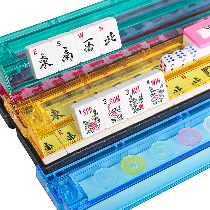 American Mahjong Game Set, 166 Premium White Tiles, 4 All-in-One Color Rack/Pushers, Classic Complete Mahjong Tile Set with Black Carrying Bag