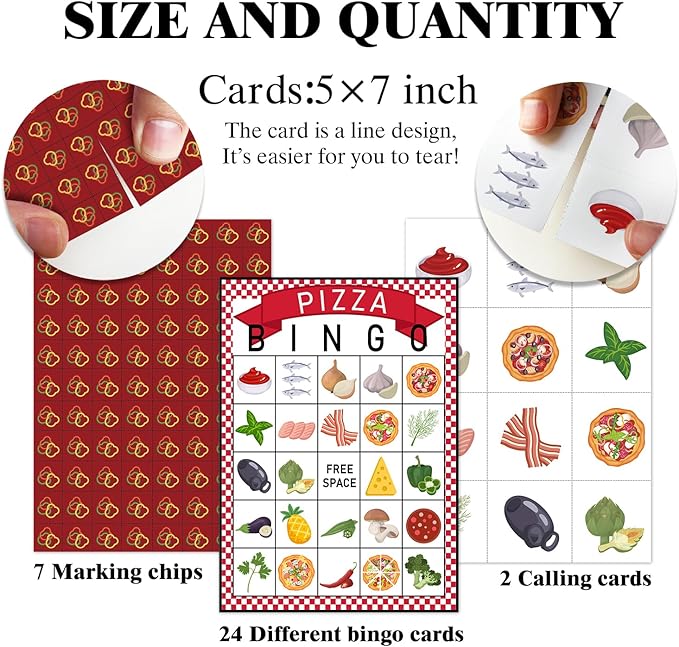 Pizza Party Bingo Game 24 Players Pizza Party Time Bingo Cards for Women Man Birthday Favors for Family Holiday Party Activity Supplies Party Decoration Game- JK0101