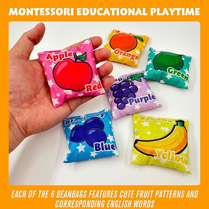 Fruits Bean Bag Toss Across Game Set, Outdoor Montessori Sensory Learning Toys for Toddlers 3 4 5 Year Old, 6 Colorful Small BeanBags for Tossing, 2.5ft Tic-Tac-Toe Rope