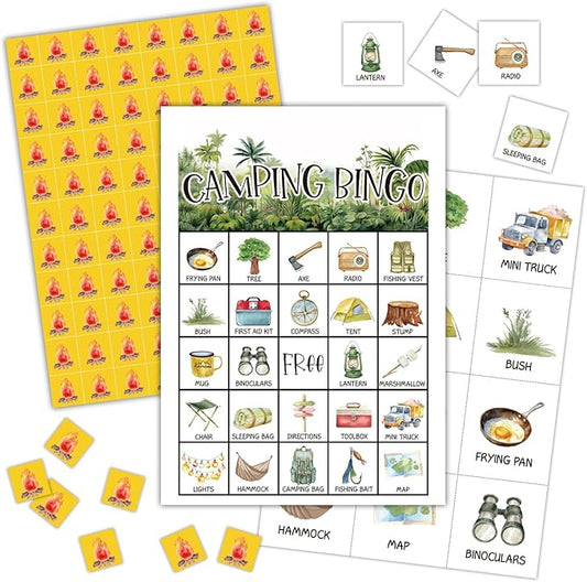 Camping Bingo Games, 24 Players Bingo Cards, Campground Activity for Family Friends, Vacation Gifts for Adult Teenager, Camping Games Camping Party Game Bingo Supplies -02