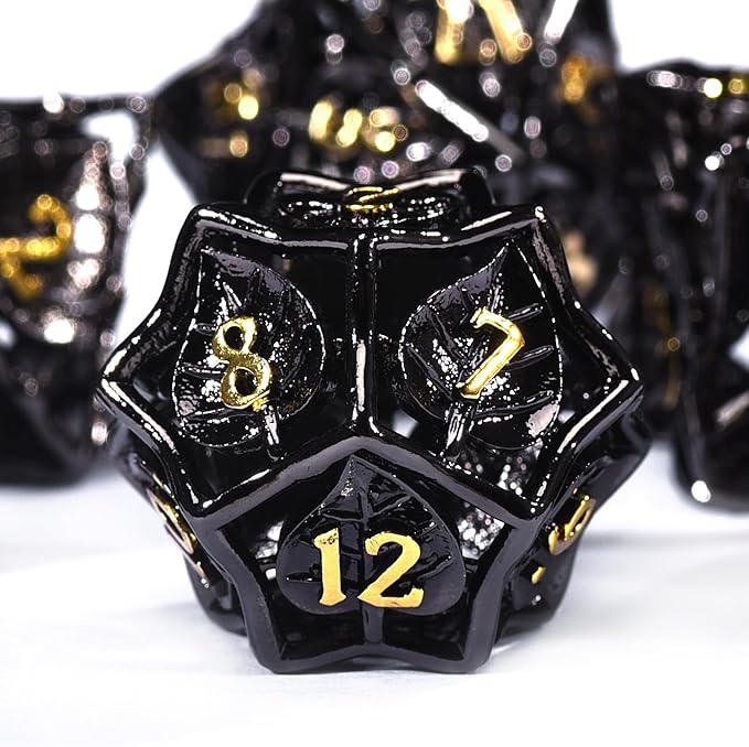 AUSTOR Metal DND Dice Set 7 Pieces Leaf DND Dice Hollow Polyhedral Dice D20 D12 D10 D% D8 D6 D4 Metal Dice with Metal Box for Dungeons & Dragons RPG Board Games(Black & Gold)