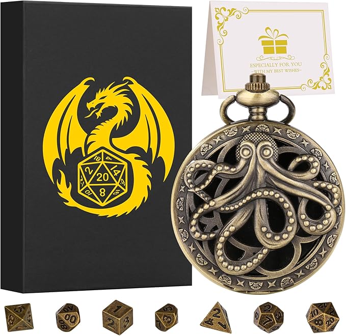 Mini DND Dice Set Steampunk Hollow Octopus Pocket Watch Shell Case, 7pcs Polyhedral Metal D&D Dice Set, DND Gifts with Gift Box for Player, Role Playing Board Games Accessories, Bronze