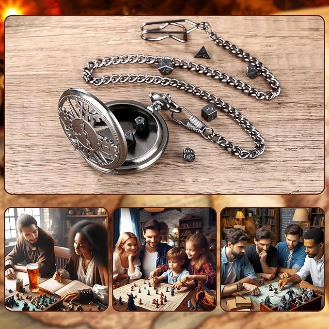 Mini DND Dice Set with Steampunk Hollow Pocket Watch Shell Case, 7pcs Polyhedral Metal D&D Dice Set, DND Gifts with Gift Box, Role Playing Board Games Accessories, Dark Silver