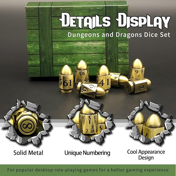 Bullet Dice Set, DND Dice Metal Revolver，ZHOORQI D6 Gun Dice D&D Gifts for Dungeons and Dragons, RPGs(7-Bronze)