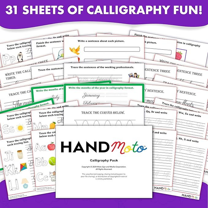 HANDMoto Calligraphy Workbook for Kids - Our Calligraphy Practice Activity Sheets make Practicing Easy and Enjoyable - Our Calligraphy Kits for Beginners are easy to use with our Whiteboard, 9x12