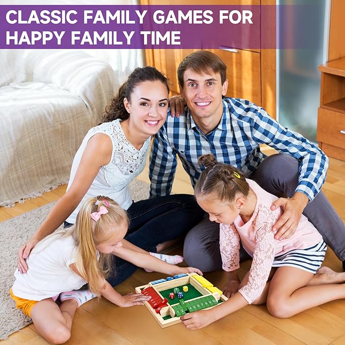 1-4 Players Shut The Box Dice Game, 10 Numbers Traditional Wooden Pub Bar Board Game, Family Classics Tabletop Version Games for Classroom, Party, or Pub