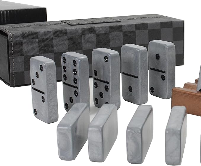 Dominos Set for Adluts - Double 6 Jumbo Domino Set - 28 Thick Marbleized Black and Gray Tiles - Dominoes Set for Adults and Kids, Classic Board Game for Family Nights & Travel (Black & Grey Case)