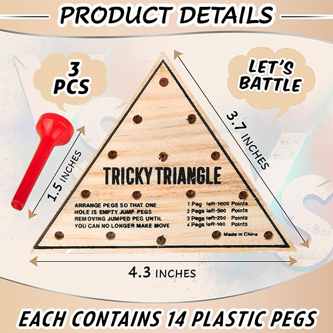 3 Pack - Wooden Triangle Peg Board Game - Retro Mini Travel Game