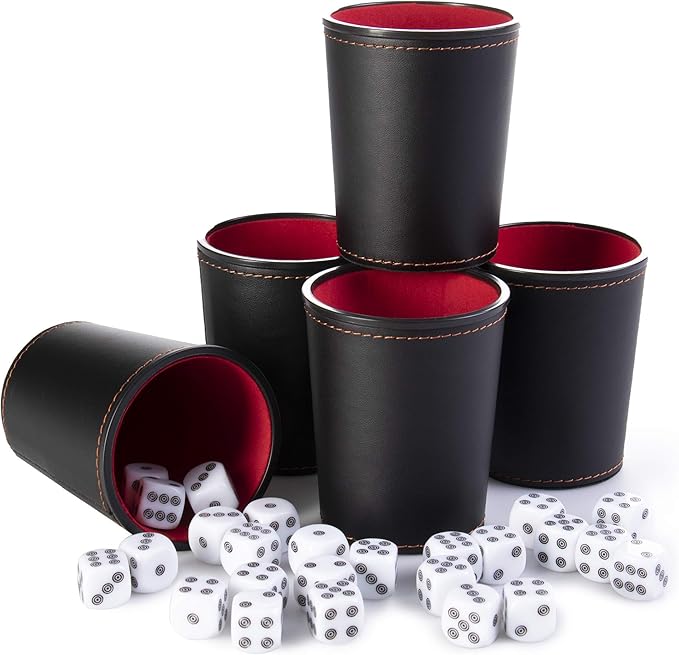 5 Leather Dice Cups and 25 Bullseye Dice by Bullseye Game Night | Classic Dice for Farkle, Liar's Dice, Bunco | Black and Red
