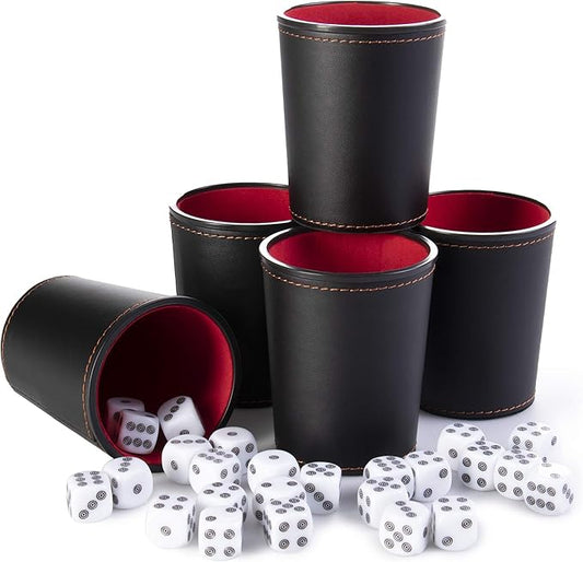 5 Leather Dice Cups and 25 Bullseye Dice by Bullseye Game Night | Classic Dice for Farkle, Liar's Dice, Bunco | Black and Red