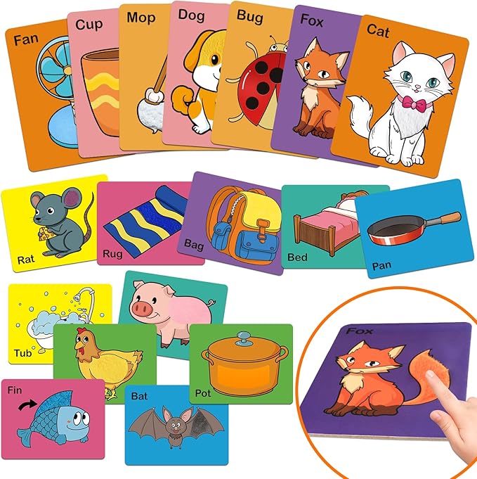 Touch & Feel Flash Cards for Toddlers 1-3,CVC Word Games,Tactile Sensory Toys for Babies Kids,Autism Sensory Products,Texture Sensory Play Mats,Speech Therapy,Learn Animals and Items
