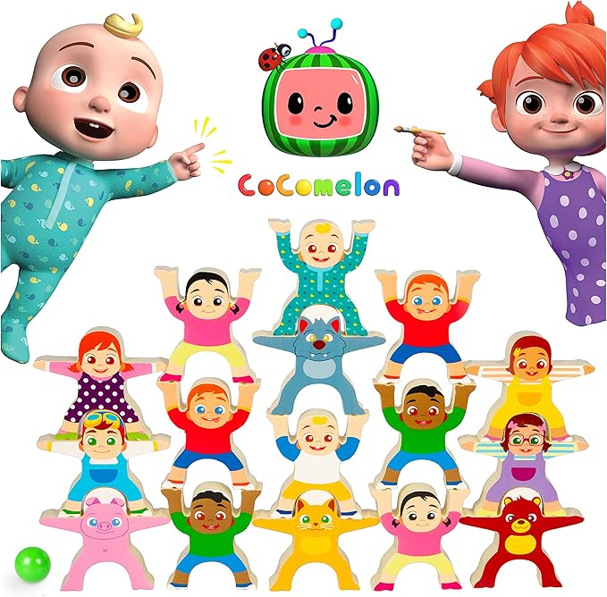 Be Amazing! Toys CoComelon Wooden Balancing Stackrobat Game- 16+ Piece Stacking Montessori Activity for Boys & Girls Ages 3+