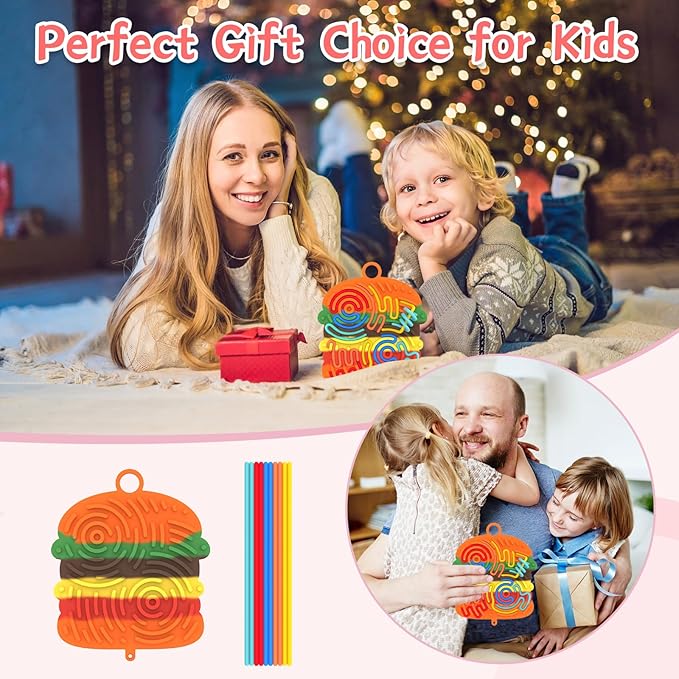 Silicone Sensory Activity Board,Double-Sided Busy Board for Fine Motor Skill,Fidget Toy for Calming, Stress, Anxiety, ADHD , Autism , Silent, No Mess , Kids 3+ & Adults(Hamburger,Colorful)