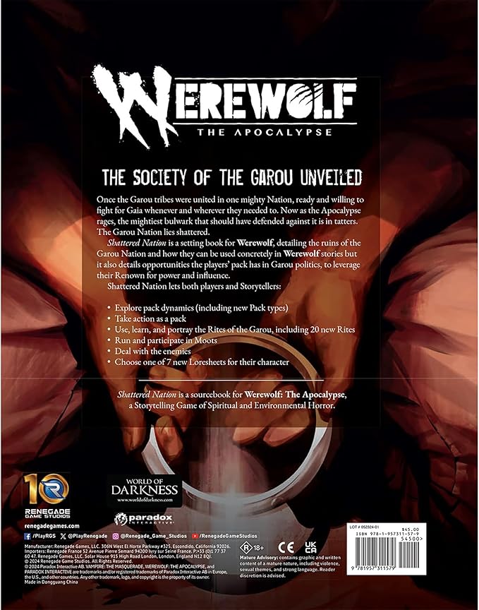 Renegade Game Studios: Werewolf: The Apocalypse Shattered Nation Sourcebook - 5th Edition Roleplaying Game, Hardcover RPG Book, Ages 18+