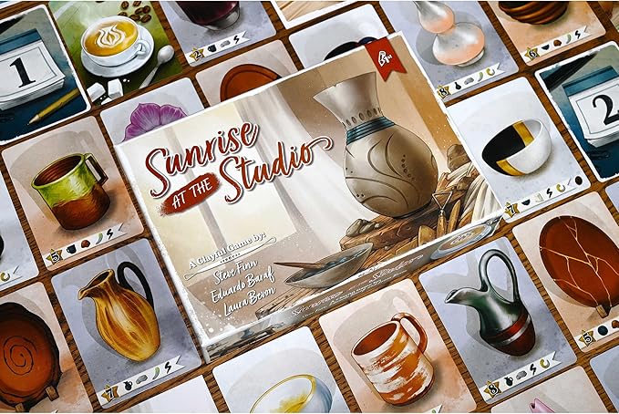 Pencil First Games: Sunrise at The Studio - Pottery Set Collection & Drafting Board Game, Cozy Small Box, Solo Mode, Ages 14+, 1-4 Players, 20 Min