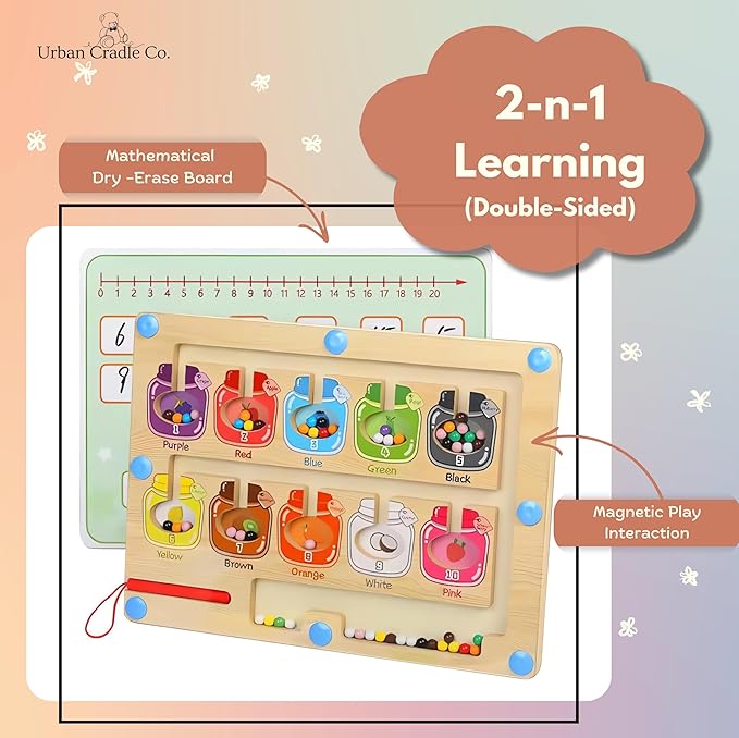 2-in-1 Educational Montessori Wooden Magnetic Board Candy Jars Theme, Double-Sided Number Learning Whiteboard, Color Matching Maze Toys for Kids, Birthday Gift for Kids