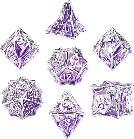 AUSTOR Metal Maple Leaf DND Dice Set 7 Pieces Hollow Polyhedral Dice D20 D12 D10 D% D8 D6 D4 Copper Dice with Metal Box for Dungeons & Dragons RPG Board Games (Violet & Silver)