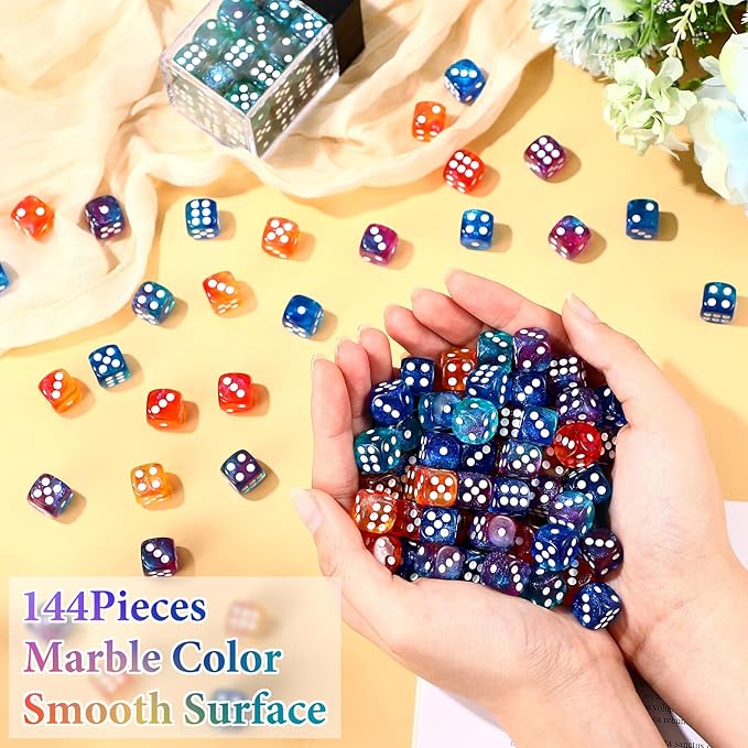 144 Pieces 12mm 6 Sided Mini Dice Set for School Classroom Table Games D6 Game Standard Dice with Portable Plastic Box for Bunco or Teaching Math Learning (Luminary Color)