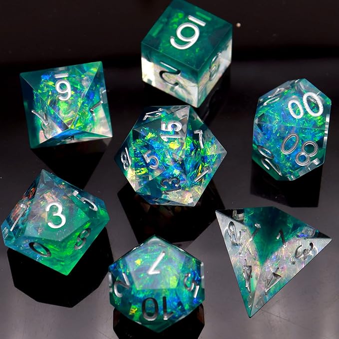Haxtec DND Dice Set Sharp Edge Resin Dice Iridecent Inclusion with Dice Case Green D&D Dice for RPG Role Playing Games Dungeons and Dragons Gift Galaxy Series