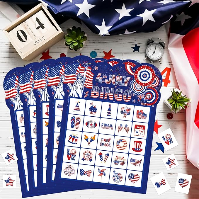 4th of July Bingo Game Cards for Kids Adults, 24 Players Patriotic Bingo Cards Independence Day Game for School Classroom Family Activities Patriotic Party Favors Supplies