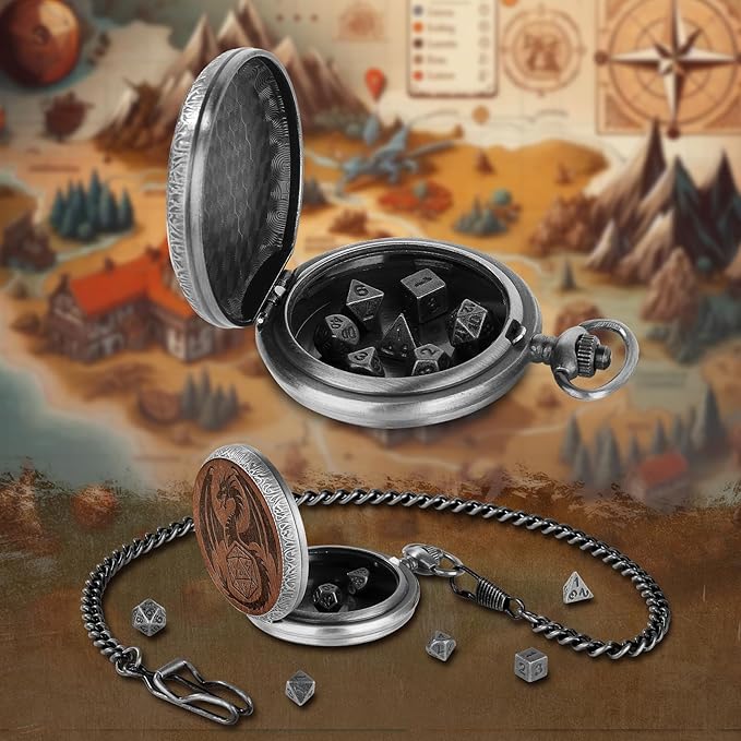 Mini DND Dice Set Wooden Dragon Engraved Pocket Watch Shell Case, 7pcs Polyhedral Metal D&D Dice Set, DND Gifts with Gift Box, Role Playing Board Games Accessories, Silver