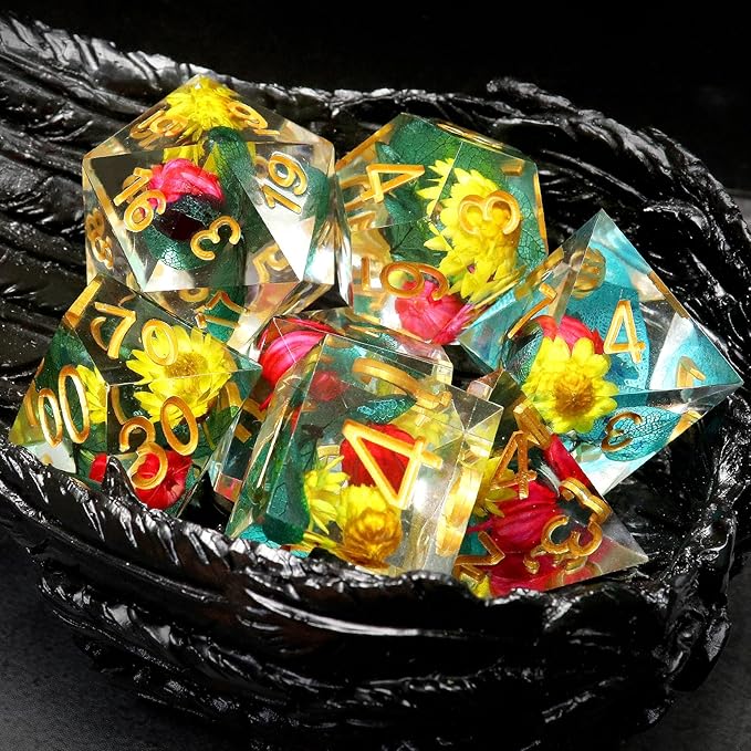 Haxtec Flower Sharp Edge Dice Resin DND Dice Set 7PCS Yellow Blue Red Polyhedral D&D Dice for Role Playing Dice Games as Dungeons and Dragons