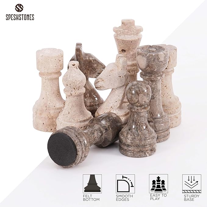 Marble Chess Pieces 3.5 Inch Travertine and Oceanic Stone Figures for Adults and Family, Classic Board Games Accessories for Checkers, Draughts, and Travel Strategy Play