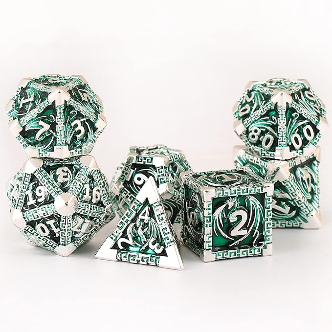 DND Dice Metal Dragon Set,Unique Dragon Design Dice with Gift Dice Bag for Dungeons & Dragon Games,Magic The Gathering,D and D D&D Dice Set (Silver Green)