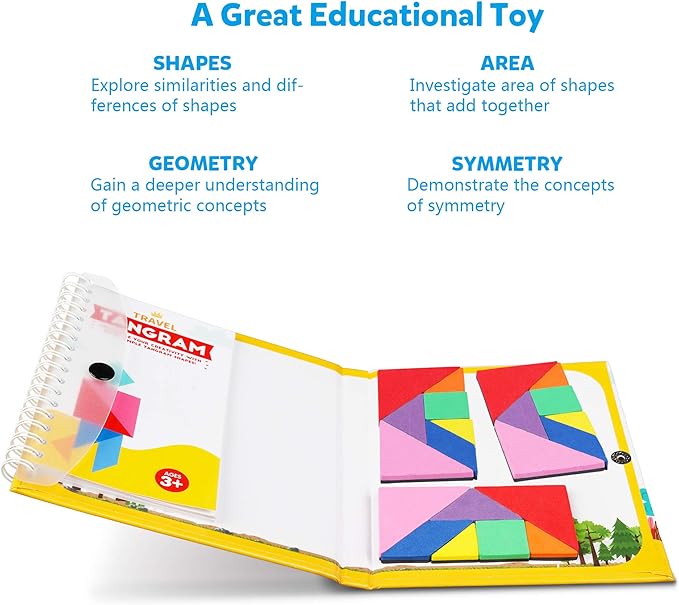 Vanmor Travel Tangram Puzzle - 3 Sets of Magnetic Tangram with 240 Solution - Montessori Shape Pattern Blocks Jigsaw Road Trip Games IQ Book Educational Toy Brain Teaser Gift for Kids Adults Challenge
